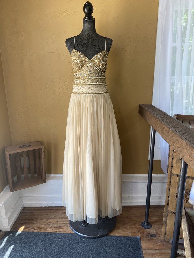 Aidan Mattox Gold Embellished Gown with Open Back, Size 10