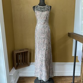 Adrianna Papell Blush Gown with Silver Sequined Overlay, Size 16