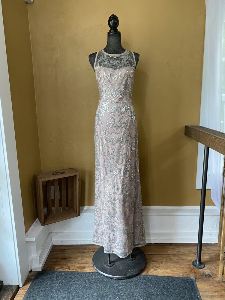 Adrianna Papell Taupe Gown with Silver Sequined Overlay, Size 16