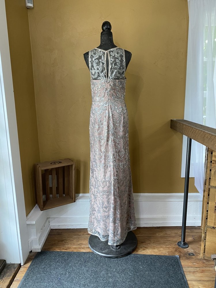 Adrianna Papell Taupe Gown with Silver Sequined Overlay, Size 16