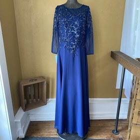 Meier Collection Long Navy Chiffon Beaded Gown, Size 16