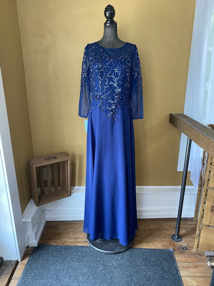 Meier Collection Long Navy Chiffon Beaded Gown, Size 16