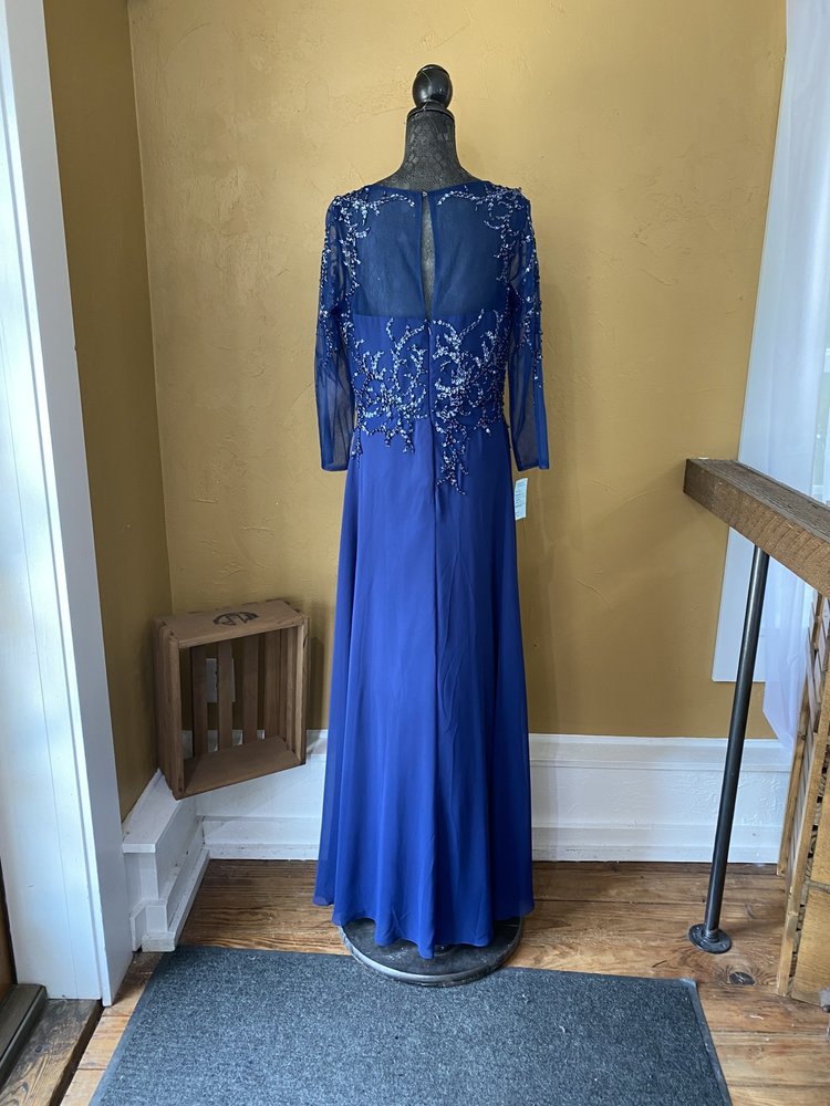 Meier Collection Long Navy Chiffon Beaded Gown, Size 16
