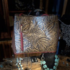 Brown Tooled Leather Sliding Strap Bag