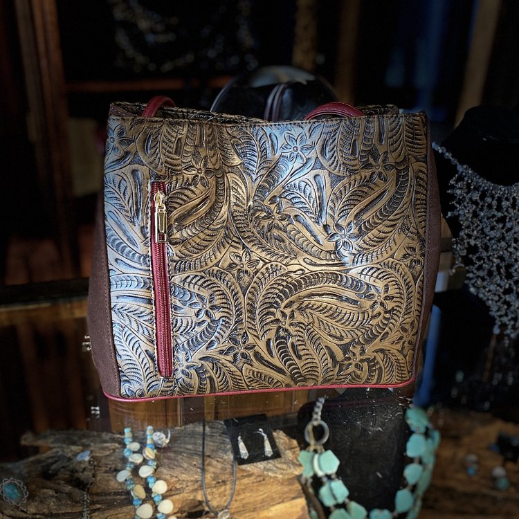 Brown Tooled Leather Sliding Strap Bag