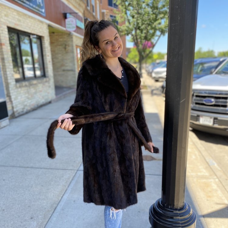Medium Brown Mink Sections 3/4 Coat with Belt, Size XL