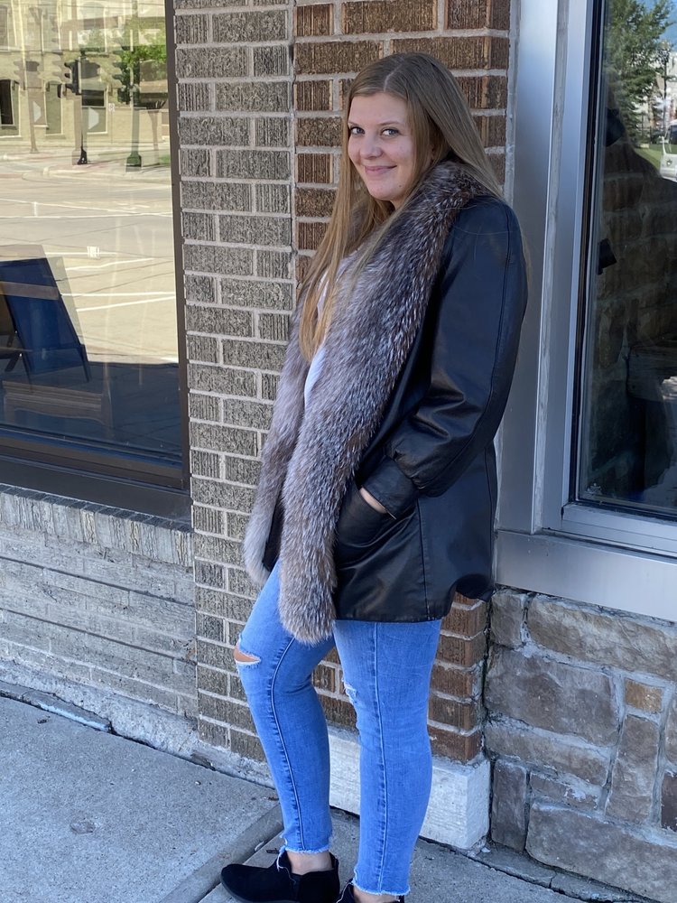 Brown Leather Jacket with Fox Collar. Size S