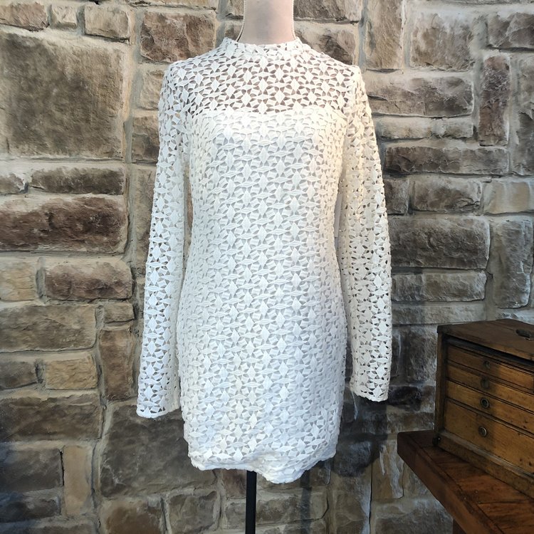 Aqua White Geometric Lace Sheath Dress, Size L