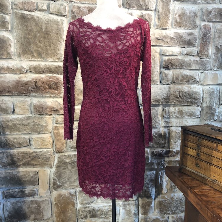 Jump Maroon Lace Long-Sleeved Dress, Size L