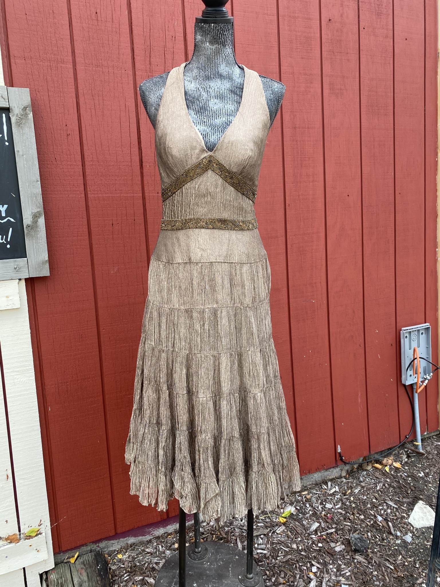 Taupe Beaded Halter Dress - Elements Unleashed