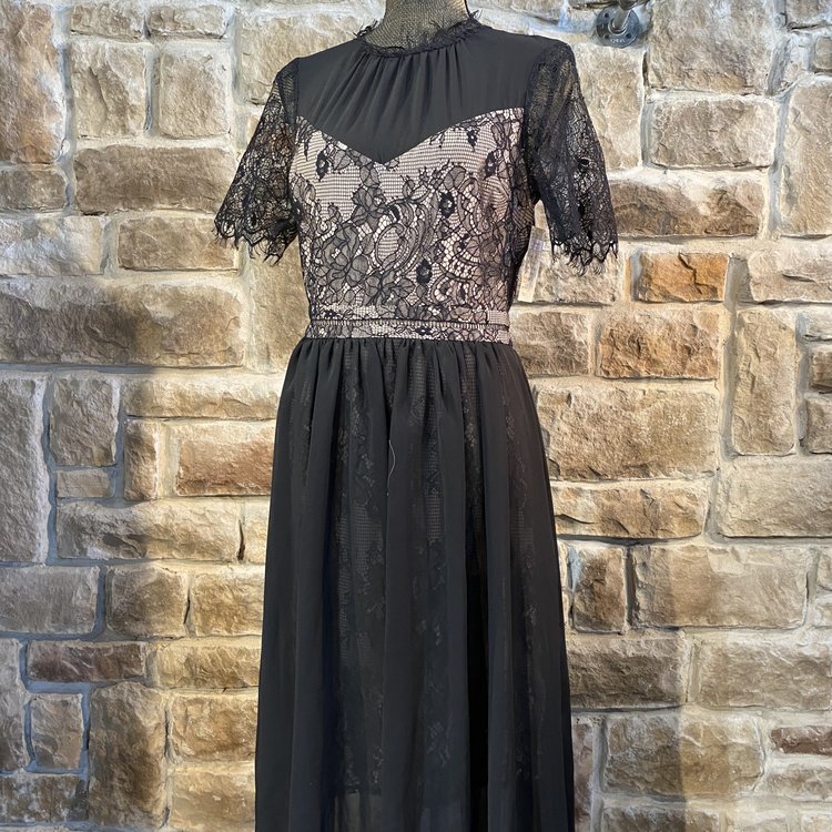 Black Chiffon Lace Inset Party Dress, Size 8