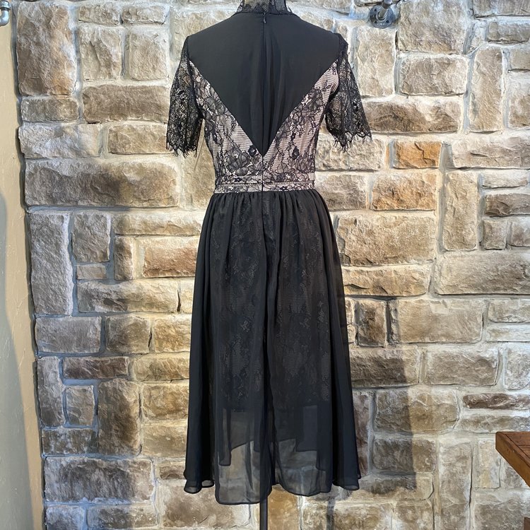 Black Chiffon Lace Inset Party Dress, Size 8