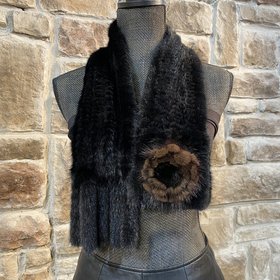 Knitted Mink Scarf with Flower, 39 inch