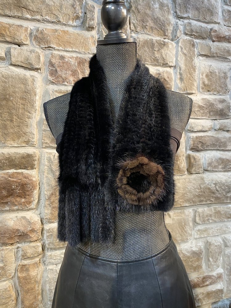 Knitted Mink Scarf with Flower, 39 inch