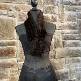 Knitted Mink Scarf with Flower, 33 inch
