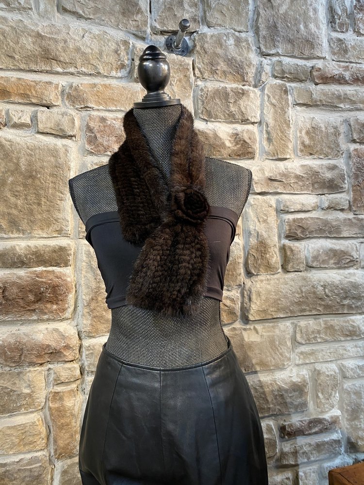 Knitted Mink Scarf with Flower, 33 inch