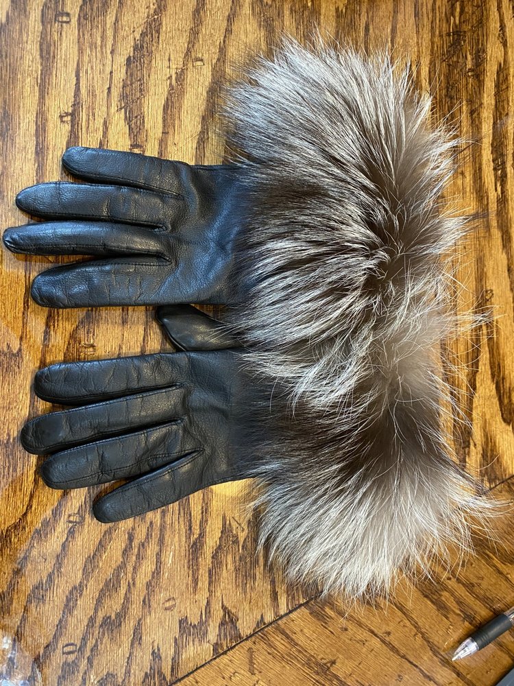 Leather Gloves with Silver Fox Trim, Size M