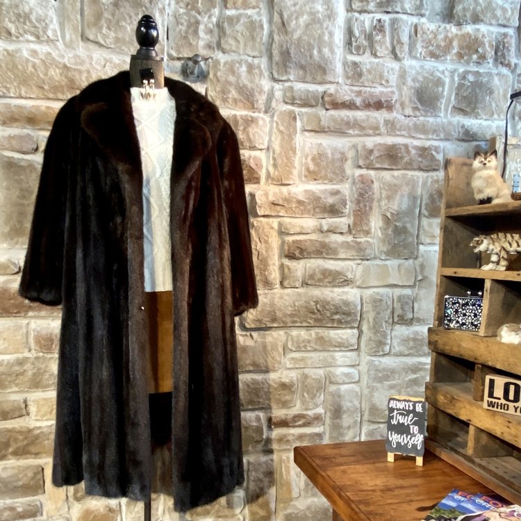 Dark Ranch Mink Long Coat w/ Notched Collar, Size L