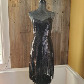 Laundry Black Sequin Cocktail Dress with Fringe, Size 4
