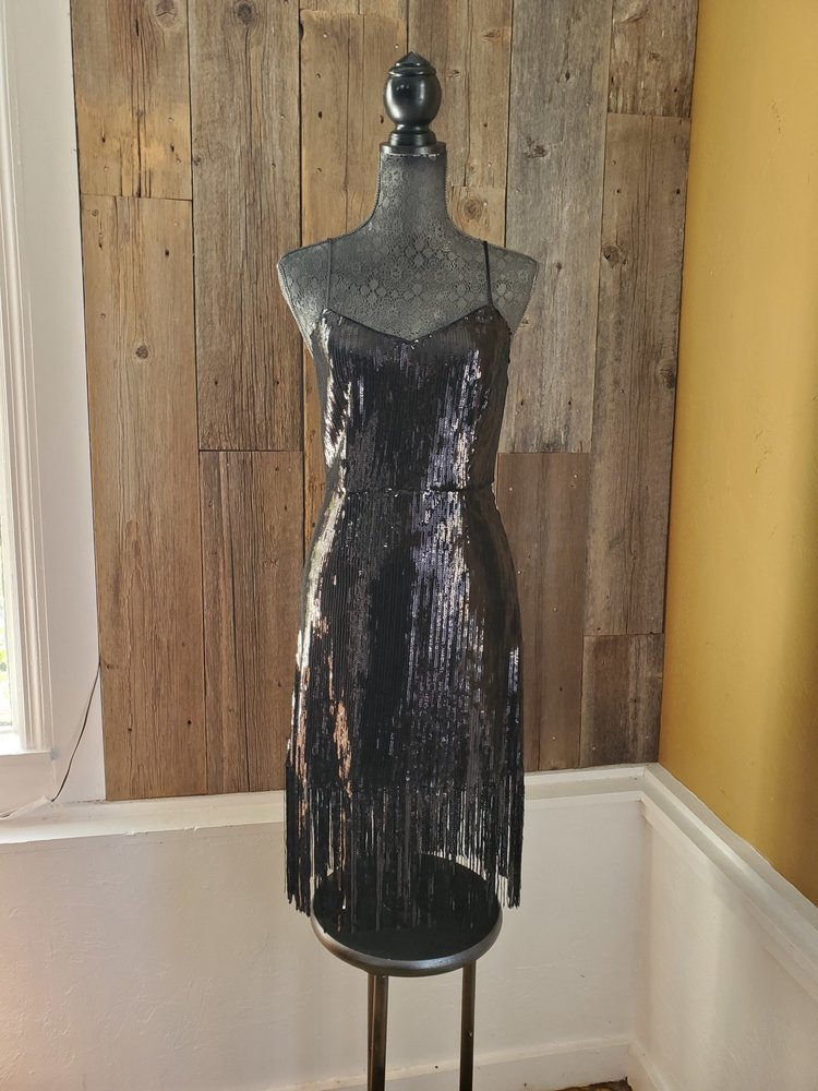 Laundry Black Sequin Cocktail Dress with Fringe, Size 4