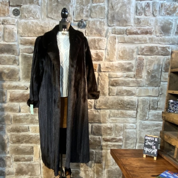 Dark Ranch Mink Long Coat with Rolled Cuffs, Size L