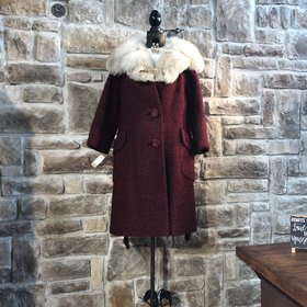 Red Wool Coat with Fox Collar, Size L