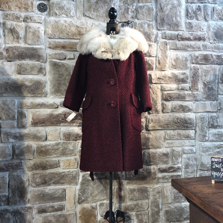 Red Wool Coat with Fox Collar, Size L