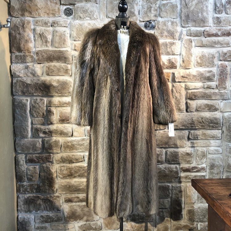 Natural Full Length Beaver Coat w/ Notched Collar, Size M