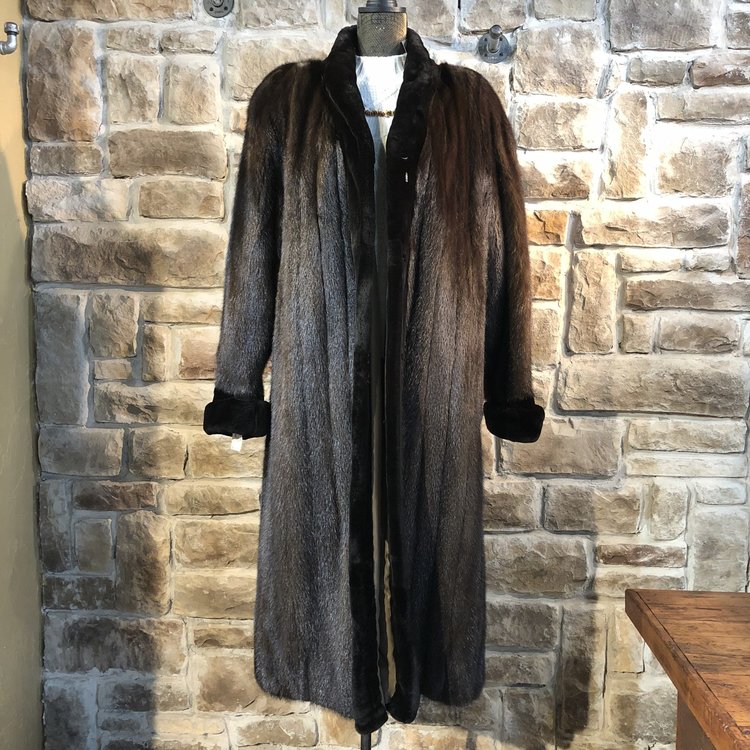 Reversible Dark Ranch Mink Rain Coat w/ Sheared Mink Trim, Size M
