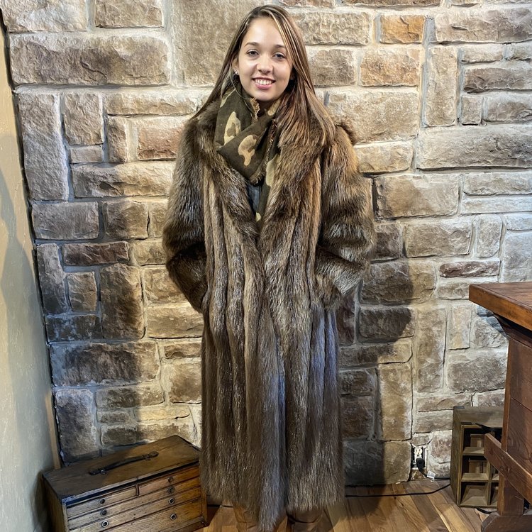 Beaver Long Coat w/Detachable Hood, Size S
