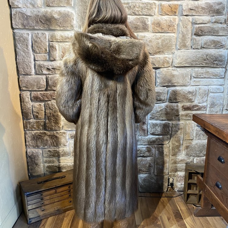 Beaver Long Coat w/Detachable Hood, Size S