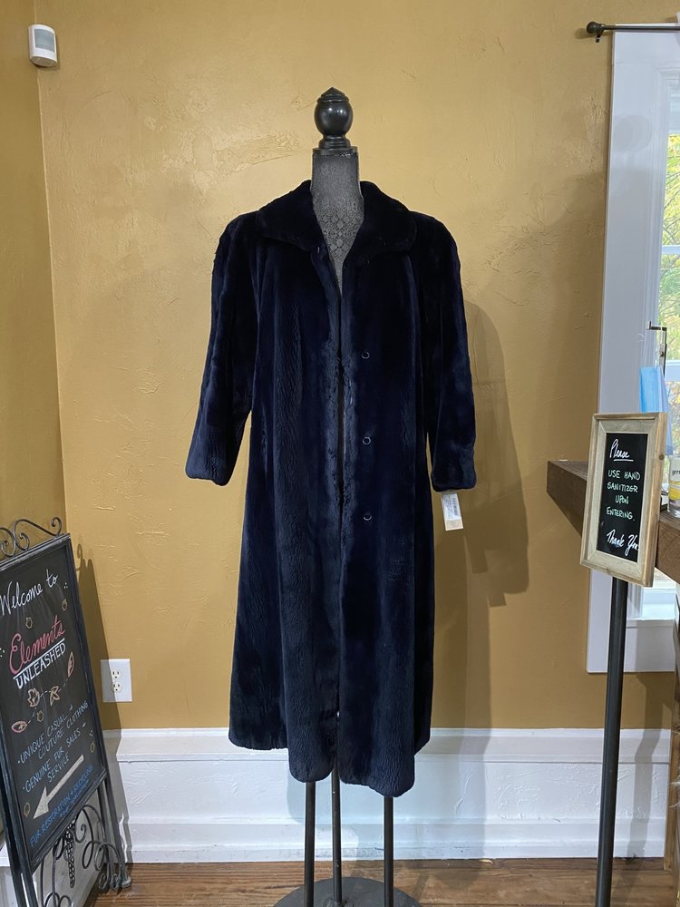 Navy Sheared Beaver Full Length Coat, Size L