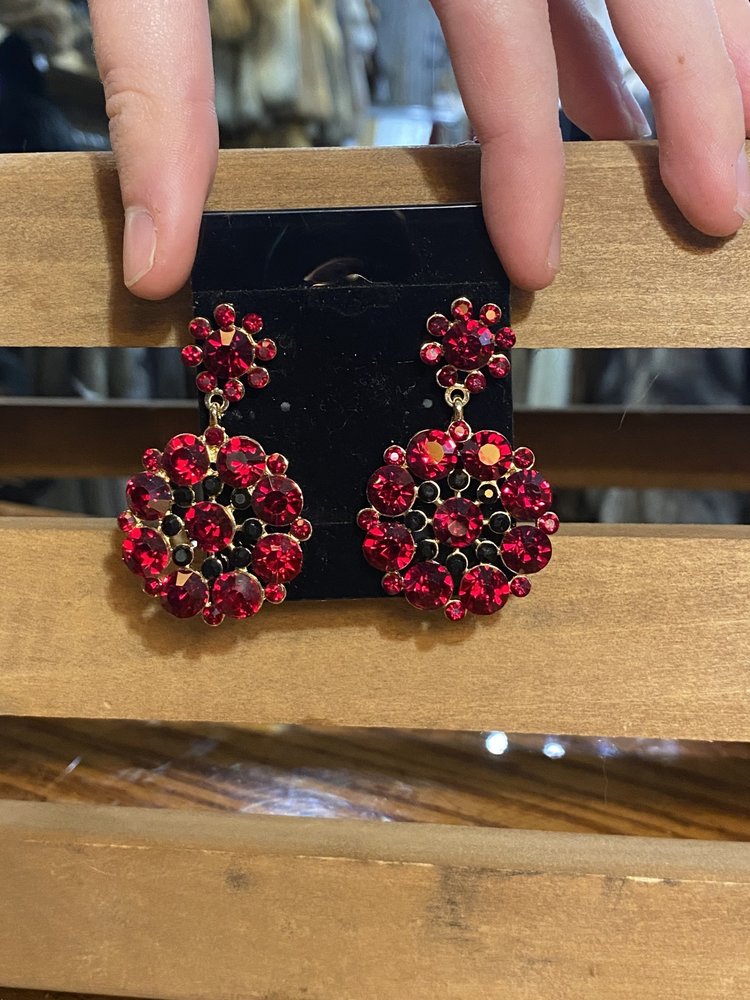 Red Gem Flower-Cluster Earrings