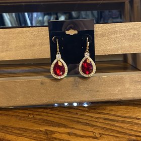 Red Gem with Crystal Halo Drop Earrings