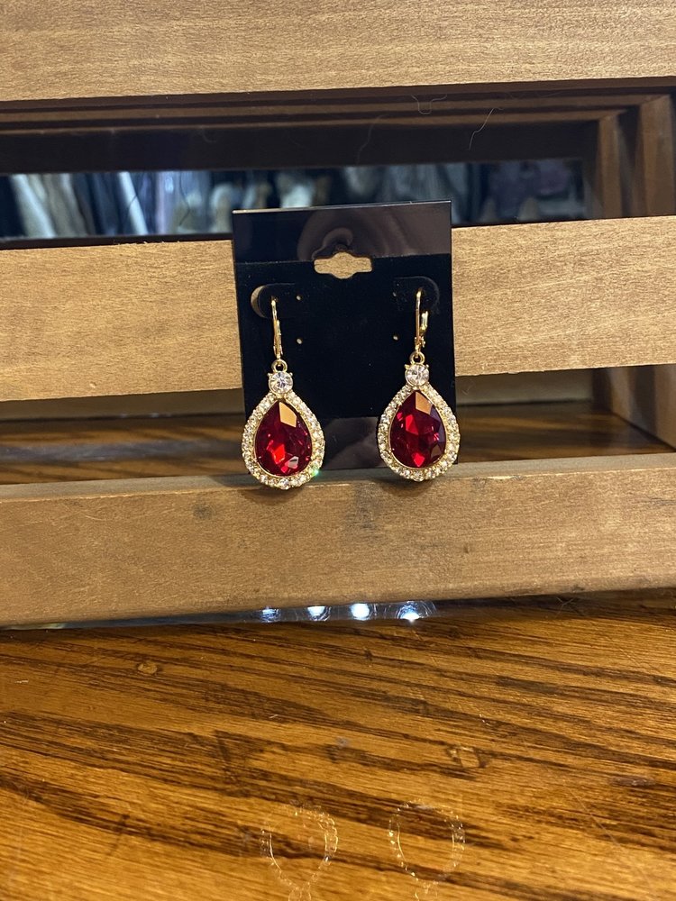 Red Gem with Crystal Halo Drop Earrings