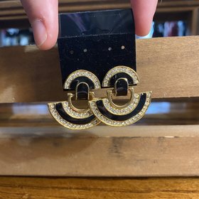 Black and Gold Half-Circle Earrings with Crystals