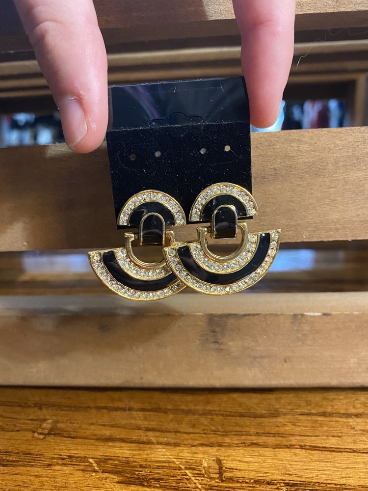 Black and Gold Half-Circle Earrings with Crystals