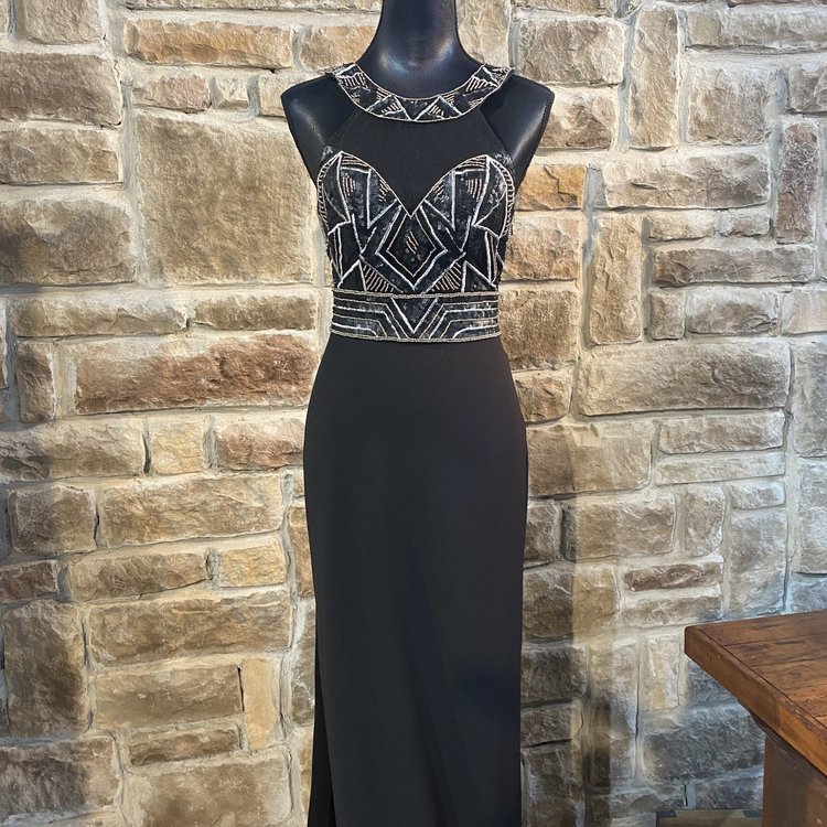 Sue Wong Black Halter Neck Gold Beaded Gown, Size 2