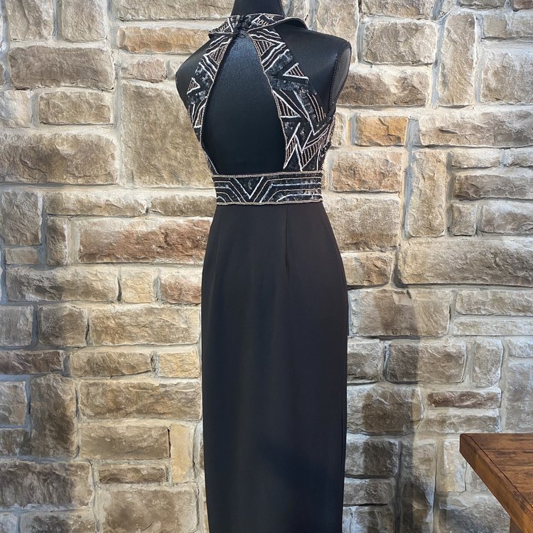 Sue Wong Black Halter Neck Gold Beaded Gown, Size 2