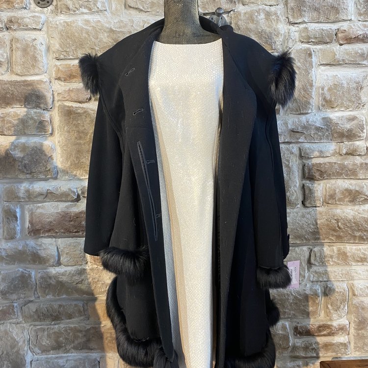 Black Wool Swing Coat with Fox Trim & Scalloped Hem, Size S