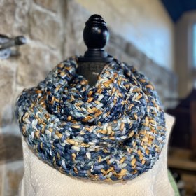 Blue and Mustard Loom-Woven Infinity Scarf