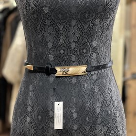 Black Cowhide Belt with Snake Print Buckle, Size M/L