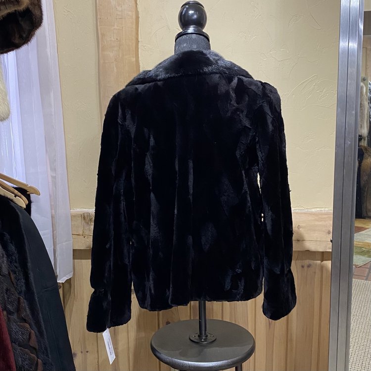 Furs of Distinction Black Sheared Mink Coat with Patent Leather Accents, Size L