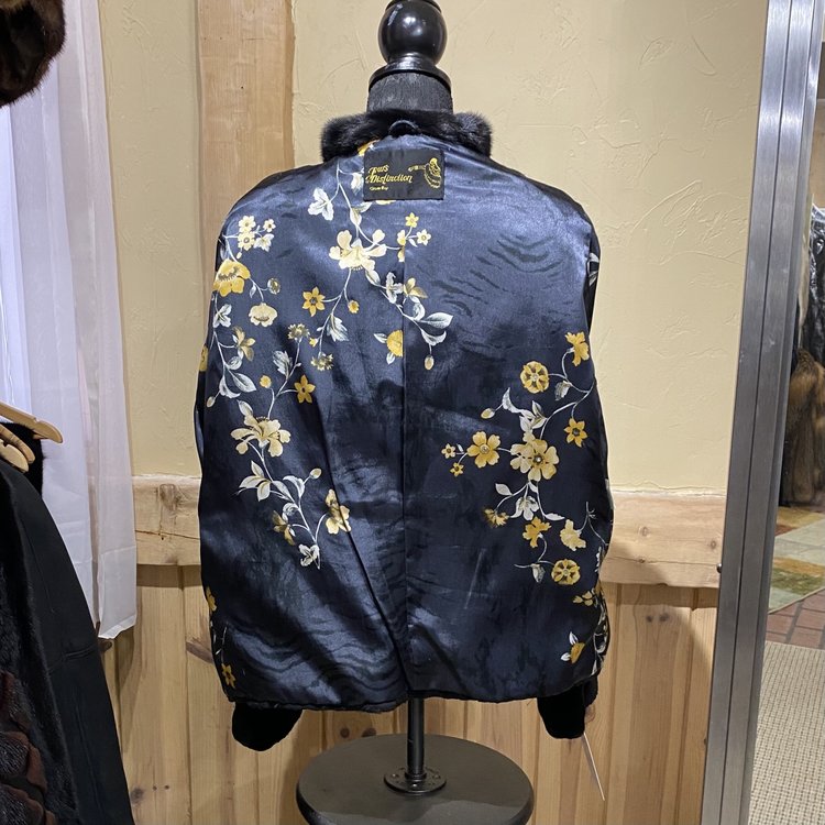 Furs of Distinction Black Sheared Mink Coat with Patent Leather Accents, Size L