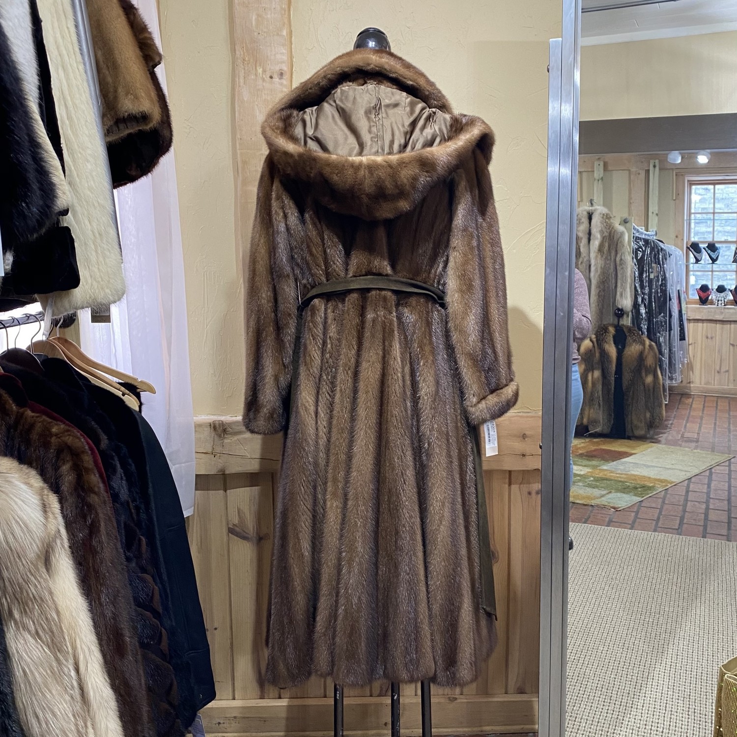 Full Length Ranch Mink Coat with Detachable Hood, Size M - Elements