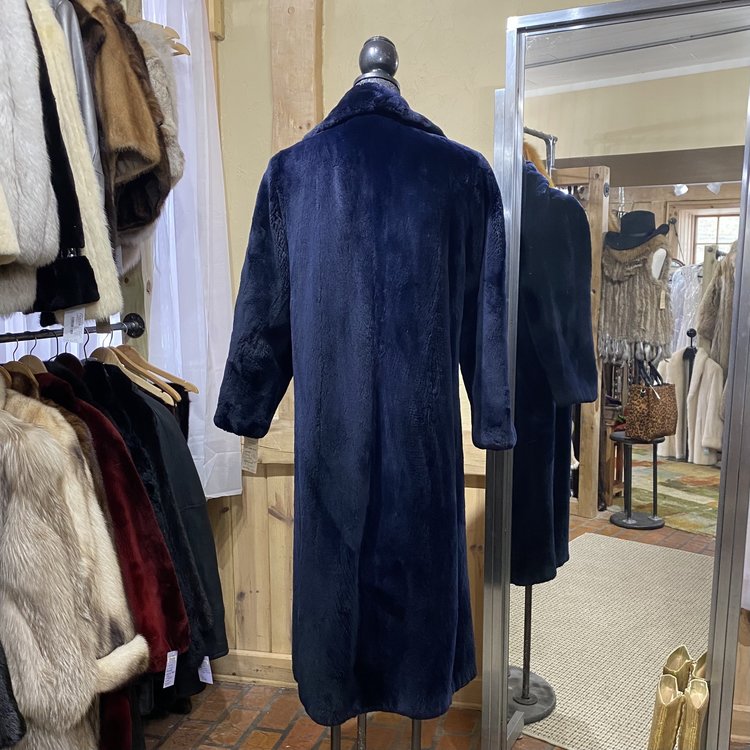 Navy Sheared Beaver Full Length Coat, Size L