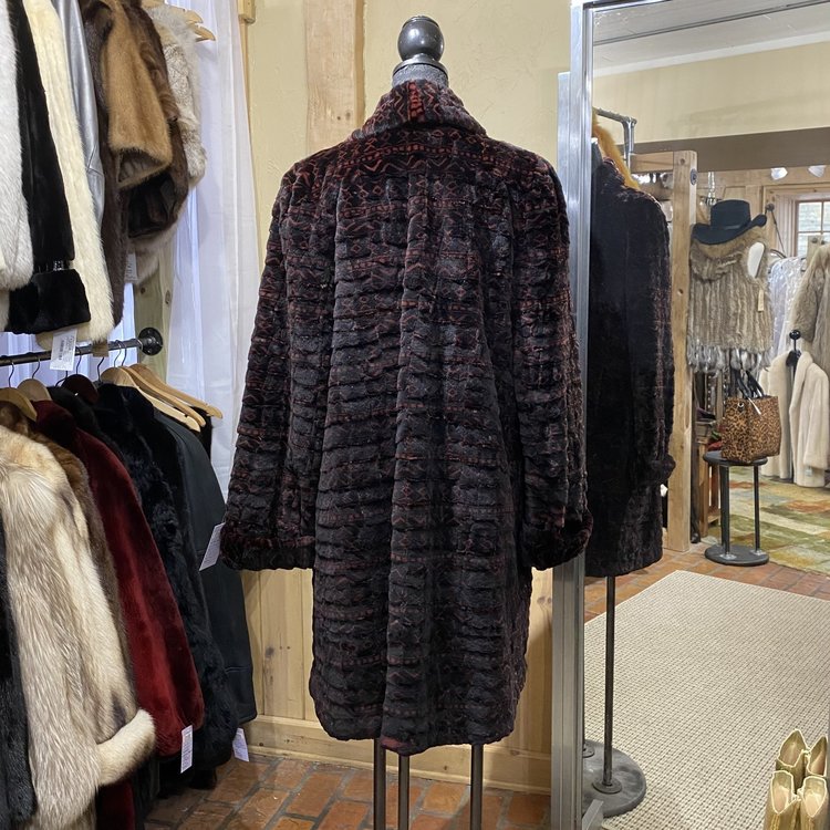 Henig Furs Black and Burgundy Patterned Semi Sheared Mink Coat, Size XL