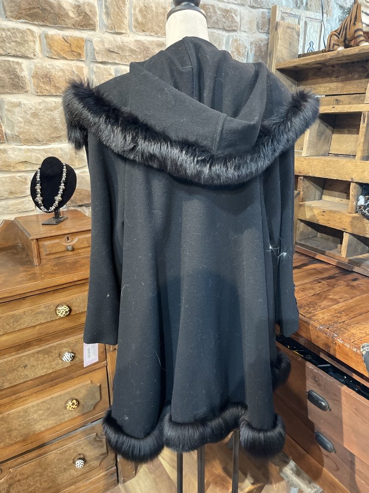 Black Wool Swing Coat with Fox Trim & Scalloped Hem, Size S