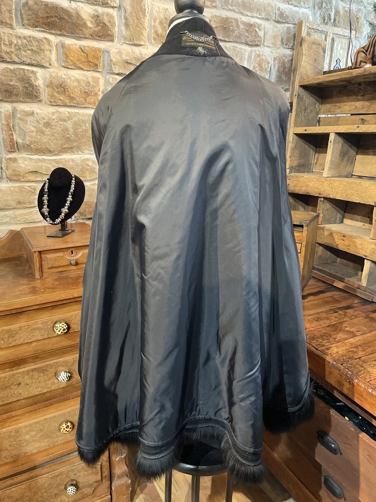 Black Wool Swing Coat with Fox Trim & Scalloped Hem, Size S