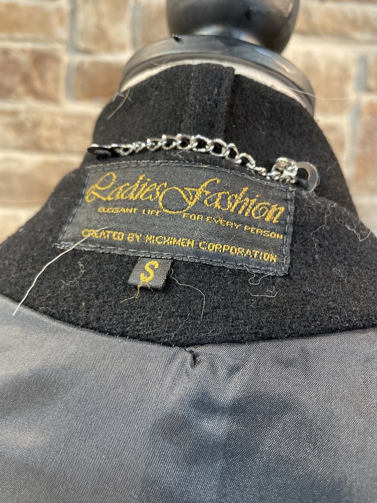 Black Wool Swing Coat with Fox Trim & Scalloped Hem, Size S